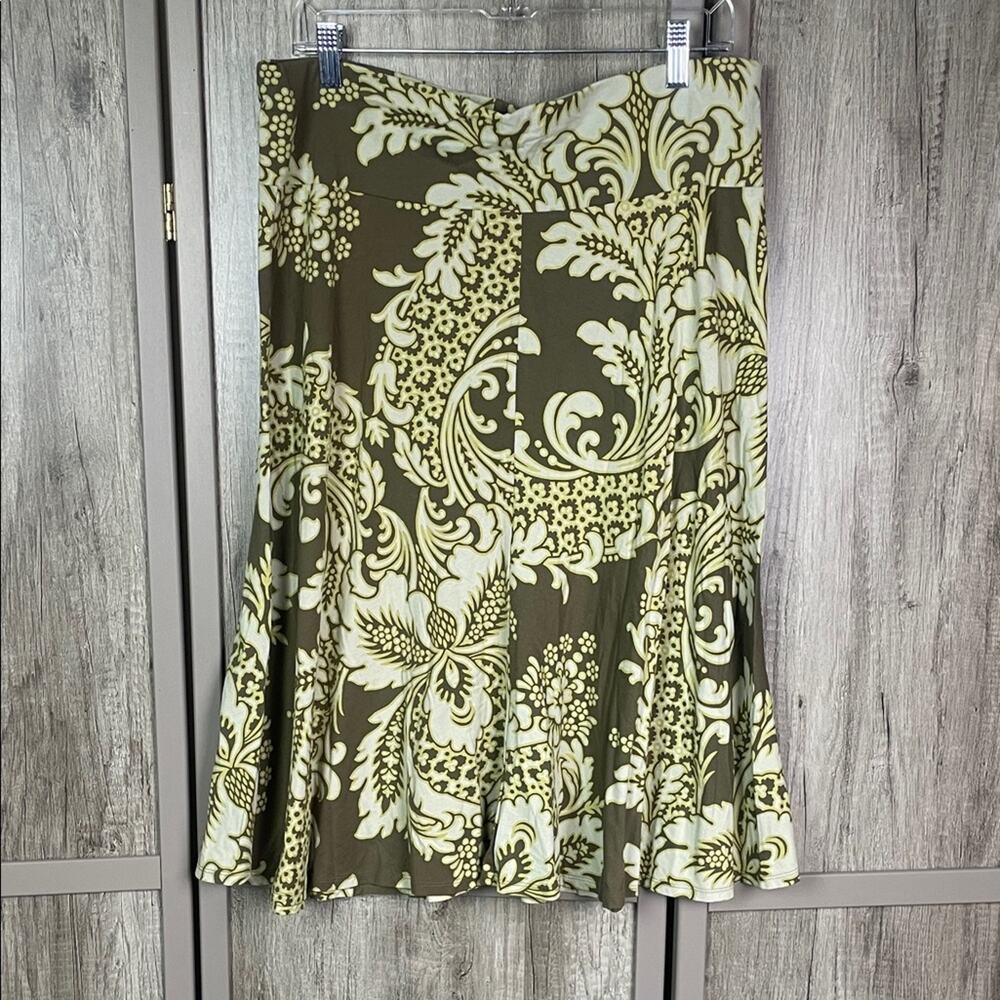 DKNY Olive and Cream Damask A-Line Skirt Women's L